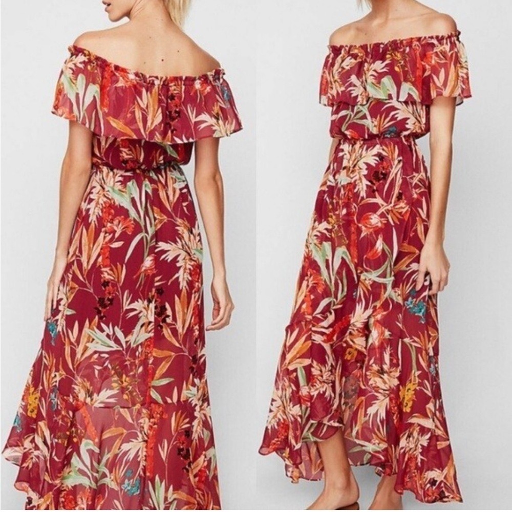 EXPRESS Women Small Burgundy Floral Chiffon Ruffled Maxi Dress Wedding Guest